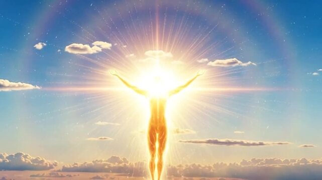 Experience the radiant light of ascension in a dynamic visual journey, witness the divine spirit reaching for the heavens with ethereal energy and a sky filled with hope and inspiration