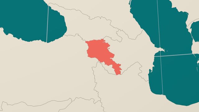 Armenia map. Animated zoom into the country on the Globe in Teal Pale Mint color palette. Country logo animation. Map with meridians, parallels. Appealing video.