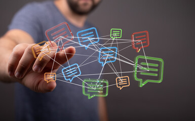 Digital messages and networking concept in a man's hand. Illustration of communication, information sharing, and global connectivity.
