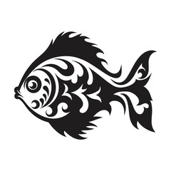 Intricate black fish drawing showcases beautiful decorative patterns and stylistic fin details on white