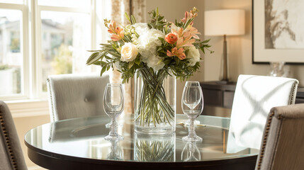 Elegant dining room table with simple centerpiece