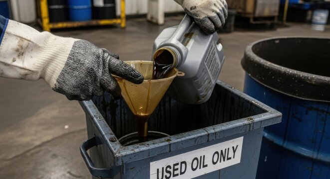 Person recycling used oil into designated container