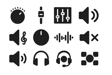 Audio Adjustment Icons. Solid style icons of audio adjustments: volume knob, fader slider, equalizer panel, bass boost, treble