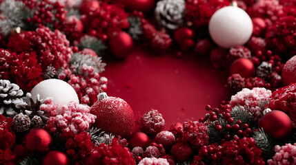 Festive Christmas wreath made of red and white decorations, including ornaments, pine cones, and flowers, arranged in circular shape