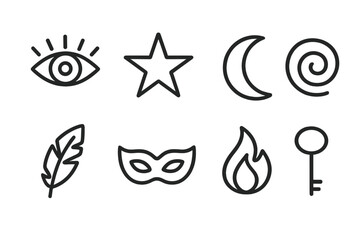 Symbolic Line Icons. Line style icons of Symbolism: Eye, Star, Crescent Moon, Spiral, Feather, Mask, Flame, Key, No text, No