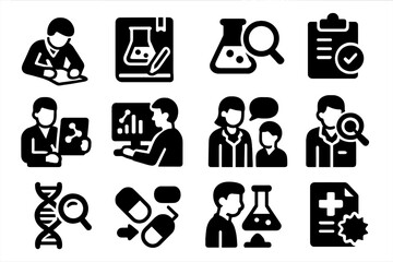 Research Icons Collection. Solid style icons of Research: scientist writing, lab notebook, chemical analysis, research results,
