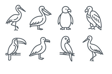 Naklejka premium Endangered Bird Icons. Line style icons of Endangered Birds: Crane, Pelican, Penguin, Vulture, Toucan, Albatross, Parrot, Stork,