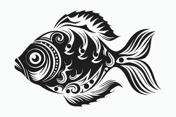 Intricate tribal inspired goldfish detailed with swirling patterns swimming peacefully against a light background