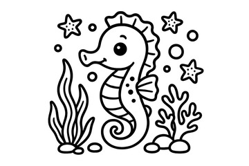 Playful Seahorse Coloring. A cute seahorse in a playful scene with friendly details, black and white line art, children&rsquo;s coloring