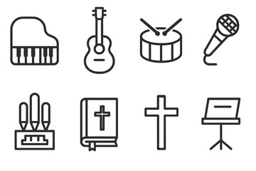 Fototapeta premium Worship Instrument Icons. Line style icons of Worship Instruments: Piano, Guitar, Drum, Microphone, Organ, Hymn Book, Cross, Music