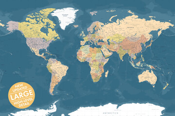 Fototapeta na wymiar Vector world map large detailed layered updated edition in navy pastel vintage style