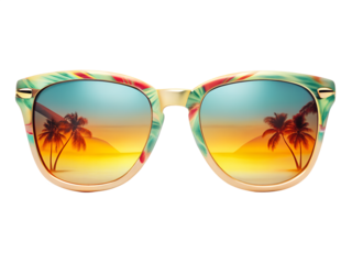 Stylish sunglasses reflecting a tropical beach sunset with palm trees isolated on transparent background
