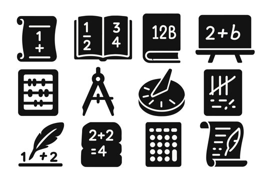 Ancient Math Tools. Solid style icons of Calculation history: ancient scroll, math manuscript, old book with numbers, chalkboard