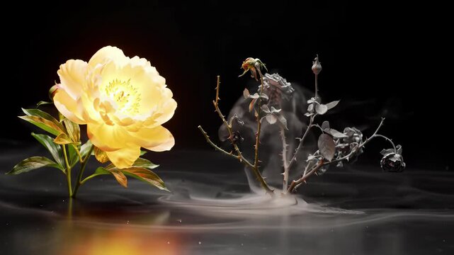 Envious Display: A brilliant glowing peony shines beside a dry, smoke-wreathed, withered plant, starkly contrasting vibrant life with bleak decay and emotional despair; no people.