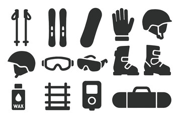 Fototapeta premium Ski Equipment Icons. Solid style icons of Skiing equipment: ski poles, skis, snowboard, bindings, helmet, goggles, gloves, boots,