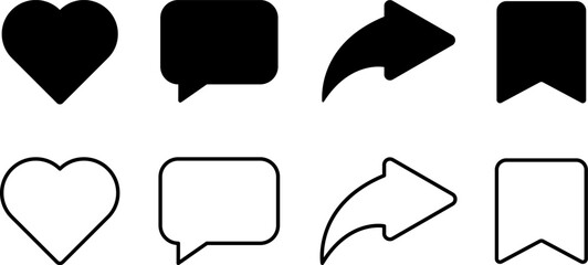 Social media icons set featuring hearts comments shares and bookmarks