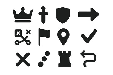 Chess Symbol Icons. Solid style icons of Chess symbols: crown, sword, shield, arrow, strategy icon, victory flag, point marker,