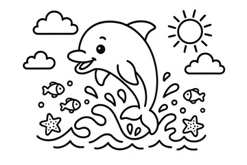 Naklejka premium Playful Dolphin Coloring. A cute dolphin in a playful scene with friendly details, black and white line art, children’s coloring