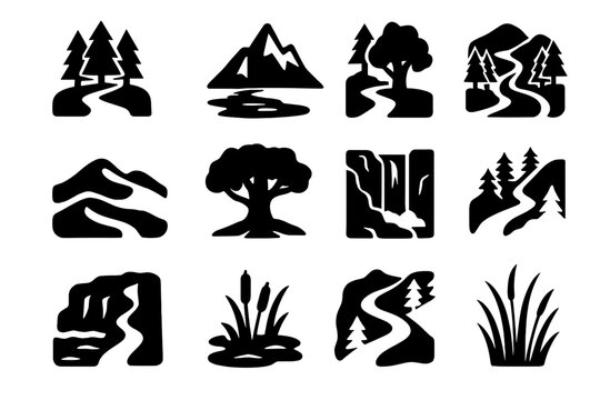 Wilderness Adventure Icons. Solid style icons of wilderness adventure: forest path, mountain peak, river crossing, desert dune,