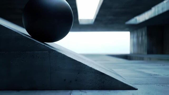 Exasperated observation of a dark, levitating orb's uncanny, persistent motion within a brutalist concrete corridor.