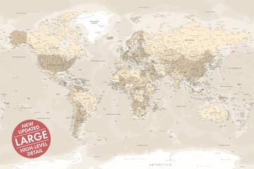 Vector world map large detailed layered updated edition in beige vintage style