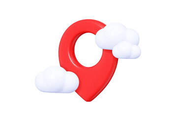 3D Red location pin with clouds. Navigation mark. Travel tag with shadow. Minimal element for map, web and gps. Cartoon creative design icon isolated. 3D Vector illustration