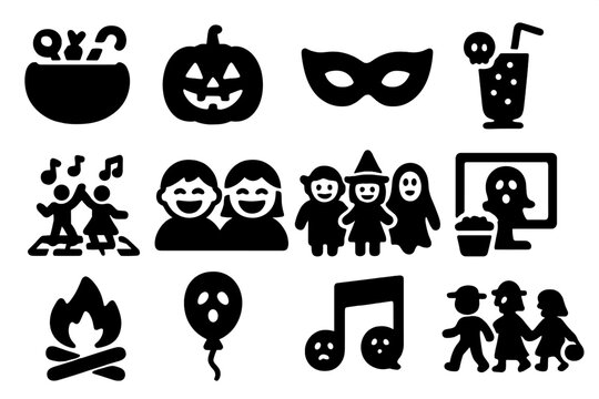 Festive Halloween Icons. Solid style icons of festive fun: candy bowl, pumpkin lantern, party mask, spooky drink, dance floor,