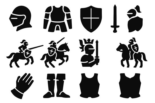 Medieval Knight Icons. Solid style icons of medieval knights: knight helmet, knight armor, knight shield, knight sword, jousting