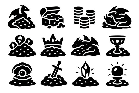 Dragon Treasure Icons. Solid style icons of dragon treasures: dragon hoard, treasure chest, golden coins, gem pile, crown in hoard