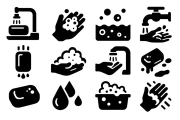 Soap and Water Icons. Solid style icons of Soap and water combo: running tap with soap, hand lathering, bubbles in water, soap