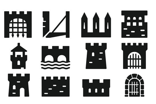 Castle Defense Icons. Solid style icons of castle defenses: portcullis, drawbridge, arrow slits, murder holes, guard post, moat