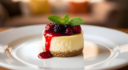 Delicious mini cheesecake with berry sauce and mint garnish on white plate food photography dessert