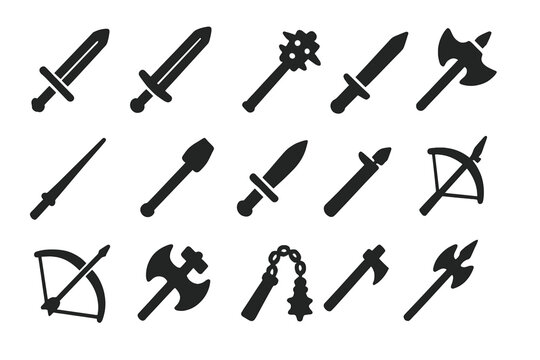 Knight Weapon Icons. Solid style icons of Knight weapons: longsword, broadsword, mace, axe, lance, war hammer, dagger, crossbow,