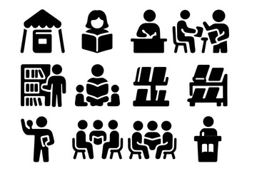 Book Event Icons. Solid style icons of Book events: book fair, author reading, book signing, storytelling session, library event,