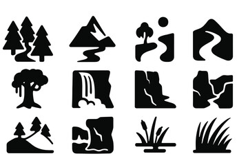 Wilderness Adventure Icons. Solid style icons of wilderness adventure: forest path, mountain peak, river crossing, desert dune,