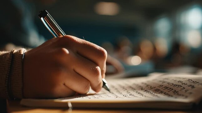 Student focused on writing notes in classroom during morning lessons