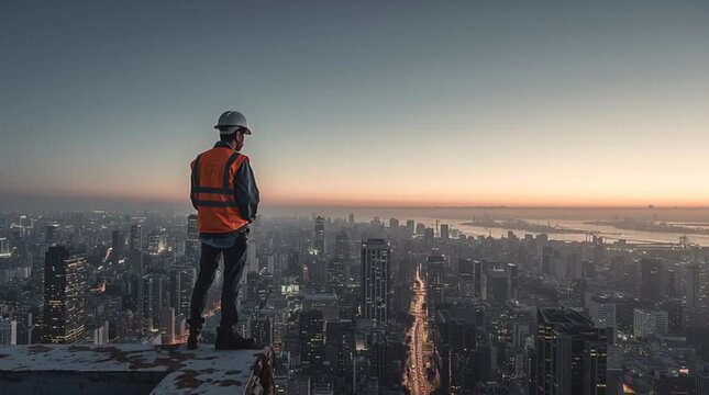 Construction worker observes city skyline at sunrise from rooftop in urban setting