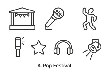 Obraz premium K-Pop Festival Icons. Line style icons of K-Pop Festival: Stage, Microphone, Headphones, Dance Pose, Glow Stick, Star, Crowd,