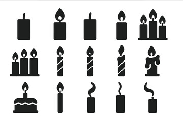 Solid Candle Icons. Solid style icons of candles: single candle, candle with flame, candle without flame, three candles, five