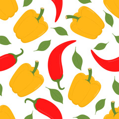 Seamless pattern with red Chili pepper and yellow paprika, bell pepper. Fresh vegetable and leaf pattern. Organic natural food, healthy agriculture crop. Colored flat vector illustration