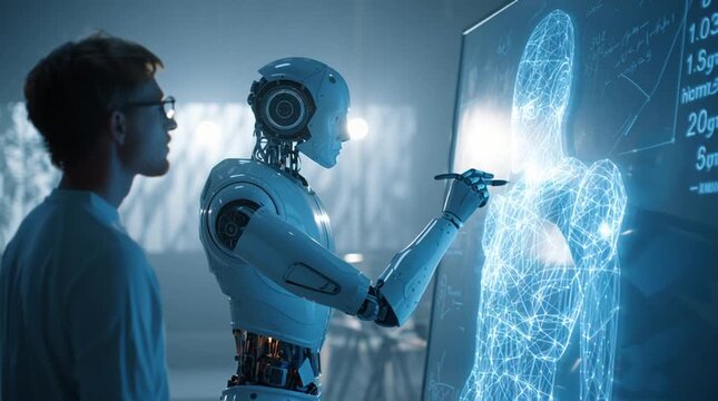 Advanced robotics creator guides a humanoid robot in creating a digital design in a high-tech workshop