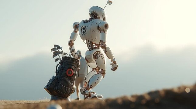 Robotic caddy assists golfer during early morning round on a serene golf course - Powered by Adobe