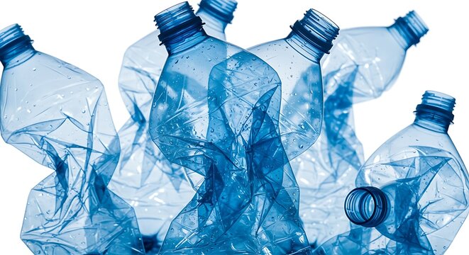 Crushed plastic water bottles isolated on white background