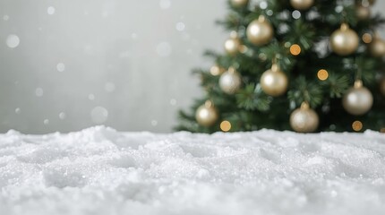 Magical Winter Wonderland: Snow-Covered Christmas Tree Adorned with Gold Ornaments Amidst Soft Snowfall for a Cozy and Festive Holiday Atmosphere