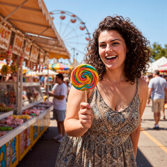 Plus-size woman in off-shoulder sundress holding a large colorful lollipop at a summer fair on a sunny day, Ferris wheel in the background