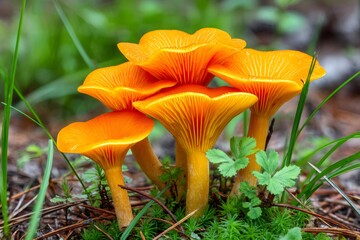Orange jack o' lantern mushrooms growing in green moss