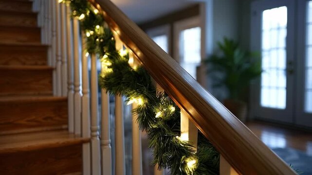 A wooden staircase with white balusters features a green garland adorned with glowing warm lights along its handrail A soft blurred background reveals distant doors and a plant
