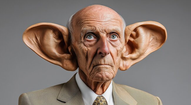 Un homme senior aux oreilles d&eacute;mesur&eacute;es, v&ecirc;tu d'un costume et d'une cravate sur un fond gris.