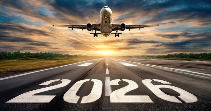 une piste d'a&eacute;roport avec l'inscription 2026 avec en arri&egrave;re-plan le d&eacute;collage d'un avion sous un ciel nuageux au coucher du soleil, concept de voyage ou d'un nouveau d&eacute;part pour le nouvel an.