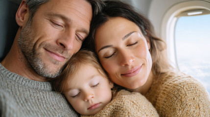 Fototapeta premium Peaceful family journey together on airplane travel adventure